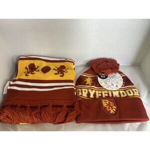 Harry Potter Gryffindor Logo Knit Cuff Pom Beanie Hat Cap and Scarf Set 2 Piece